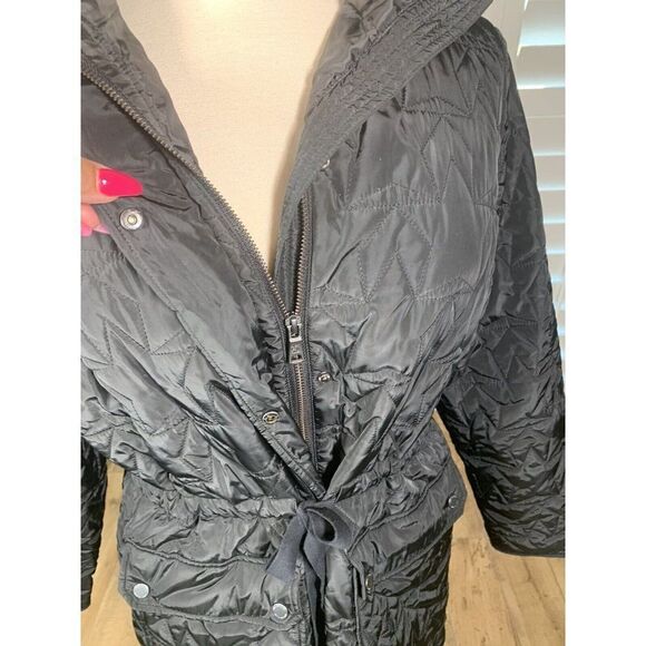 Avec Les Filles Black Anorak Quilted Star Parka Coat Large Hooded Cinched Winter - Picture 7 of 12